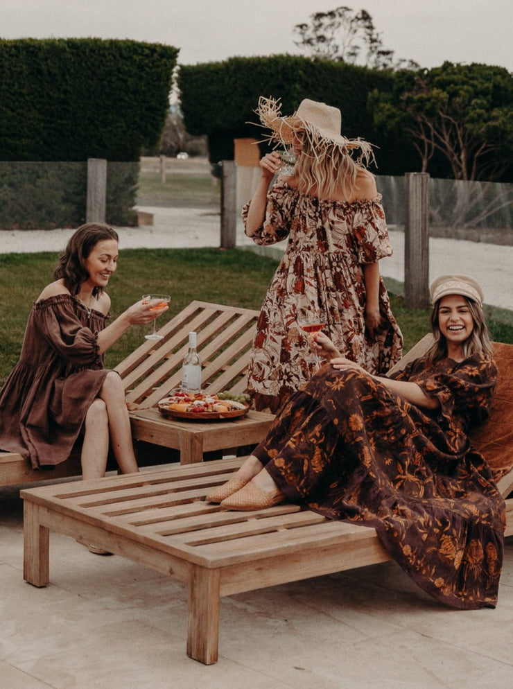 Girls drinking by the pool in hemp dresses Summer Soiree