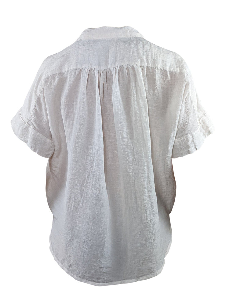 Semi sheer white hemp silk shortsleeve blouse made in Australia
